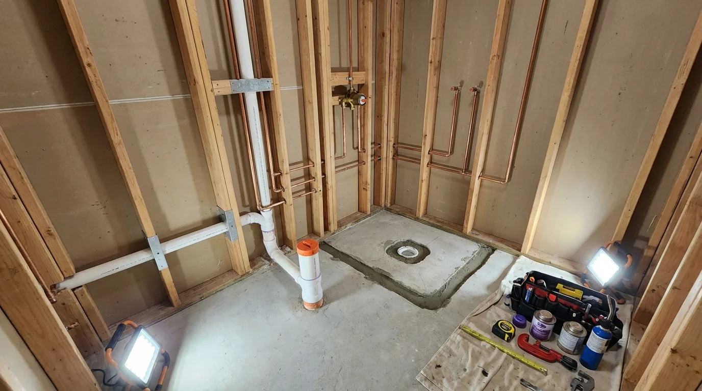 Bathroom rough-in plumbing during remodel by Johns Plumbing LLC in Las Marias