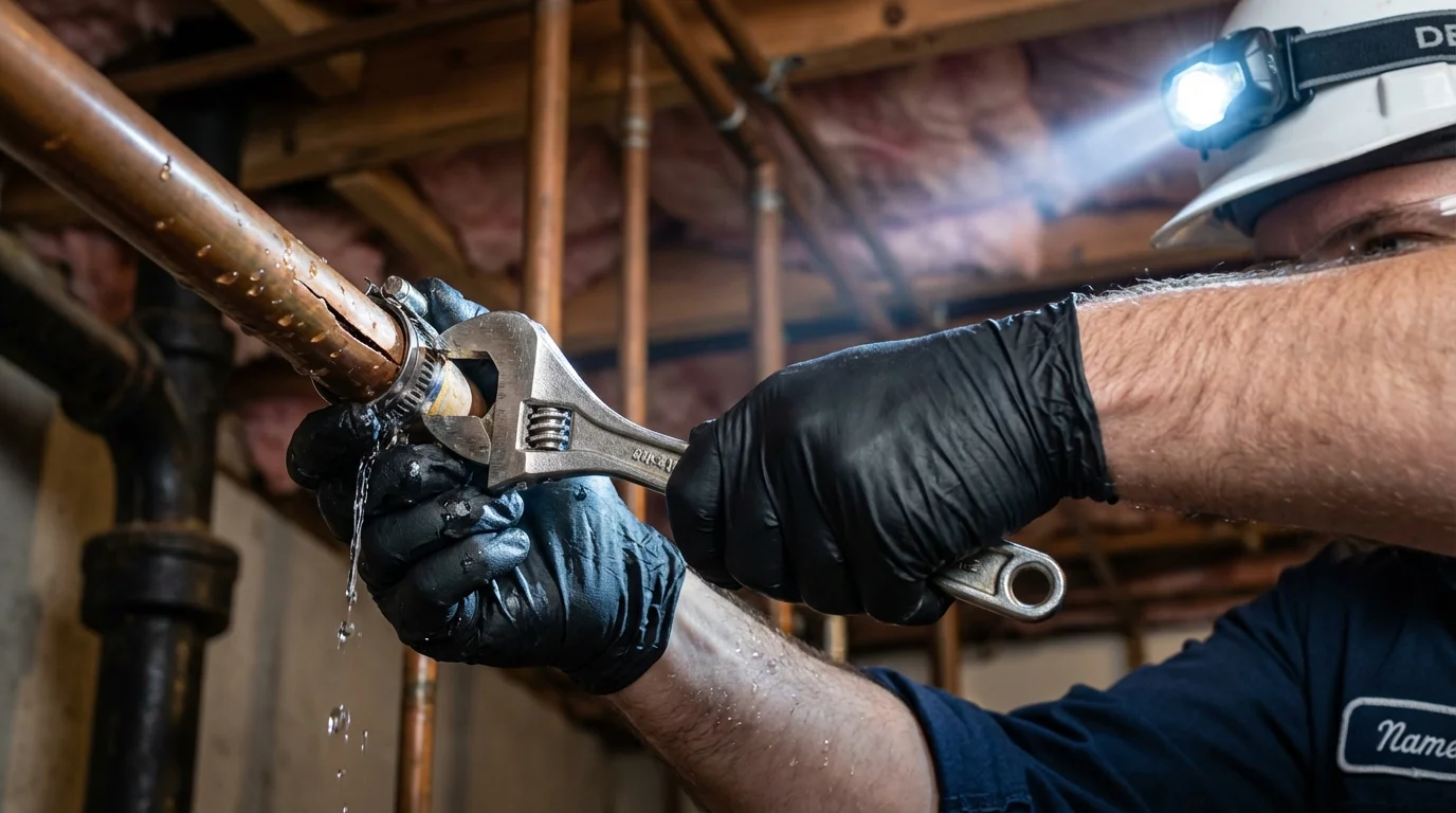 Emergency pipe clamp repair being performed by a Johns Plumbing LLC plumber in Las Marias