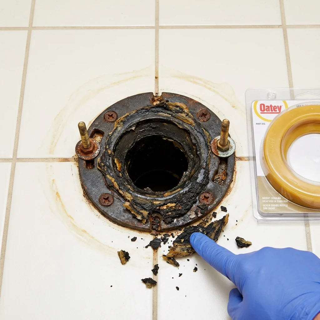 Failed wax ring showing water seepage at the base of a toilet in a Las Marias, PR home