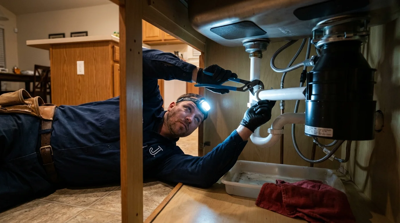 P-trap and supply line connections under a kitchen sink showing a common leak point in Las Marias, PR